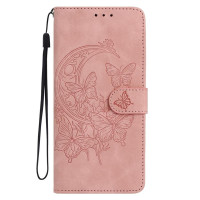 Кожен калъф тип портмоне с пеперуди за Xiaomi Redmi Note 14S - светло розов