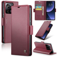 Кожен калъф страничен flip марка CASEME за Xiaomi 13T/13T Pro – винено червен