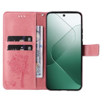 Кожен калъф тип портмоне с дърво за Xiaomi 14 - розов - 1