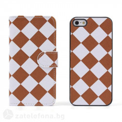 Калъф страничен флип с шахматна шарка за iPhone 5 - кафяв