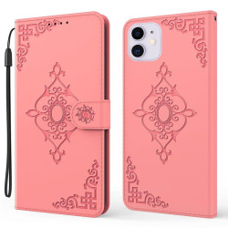 Кожен калъф тип портмоне с шарки за iPhone 12 mini - розов