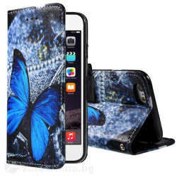 Калъф тип портмоне за iPhone 6 Plus - синя пеперуда