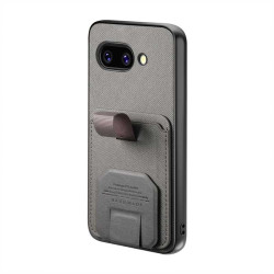 Силиконов гръб с покритие от кожа и стойка за Google Pixel 10a - сив