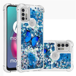 Силиконов гръб с течност с брокат за Motorola Moto G10/G30 - синя пеперуда