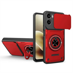 Хибриден гръб с кръгла метална стойка MAGSAFE и слайдър за камера за Motorola Moto G06 - червен