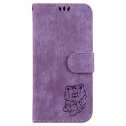 Кожен калъф тип портмоне с коте за Motorola G54 5G - лилав