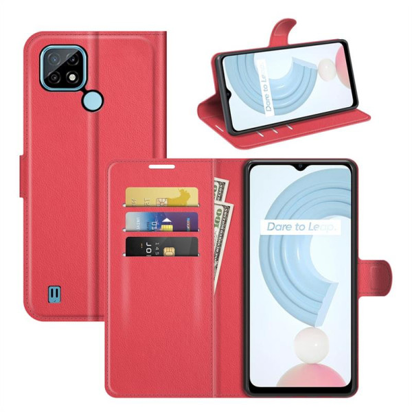 Кожен калъф тип портмоне за Realme C21 - червен
