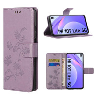 Кожен калъф тип портмоне с цветя и пеперуди за Xiaomi Mi 10T Lite 5G - лилав