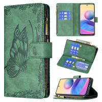Кожен калъф тип портмоне с пеперуда и джоб с цип за Xiaomi Redmi Note 10 5G/POCO M3 Pro - зелен